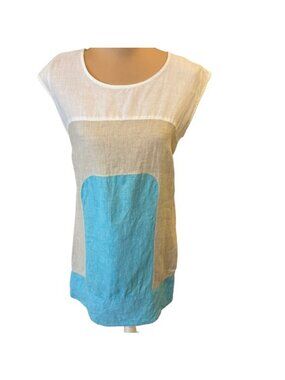 Puro Lino Women’s Linen Dress Colorblock Tan White Sky Blue Size Medium